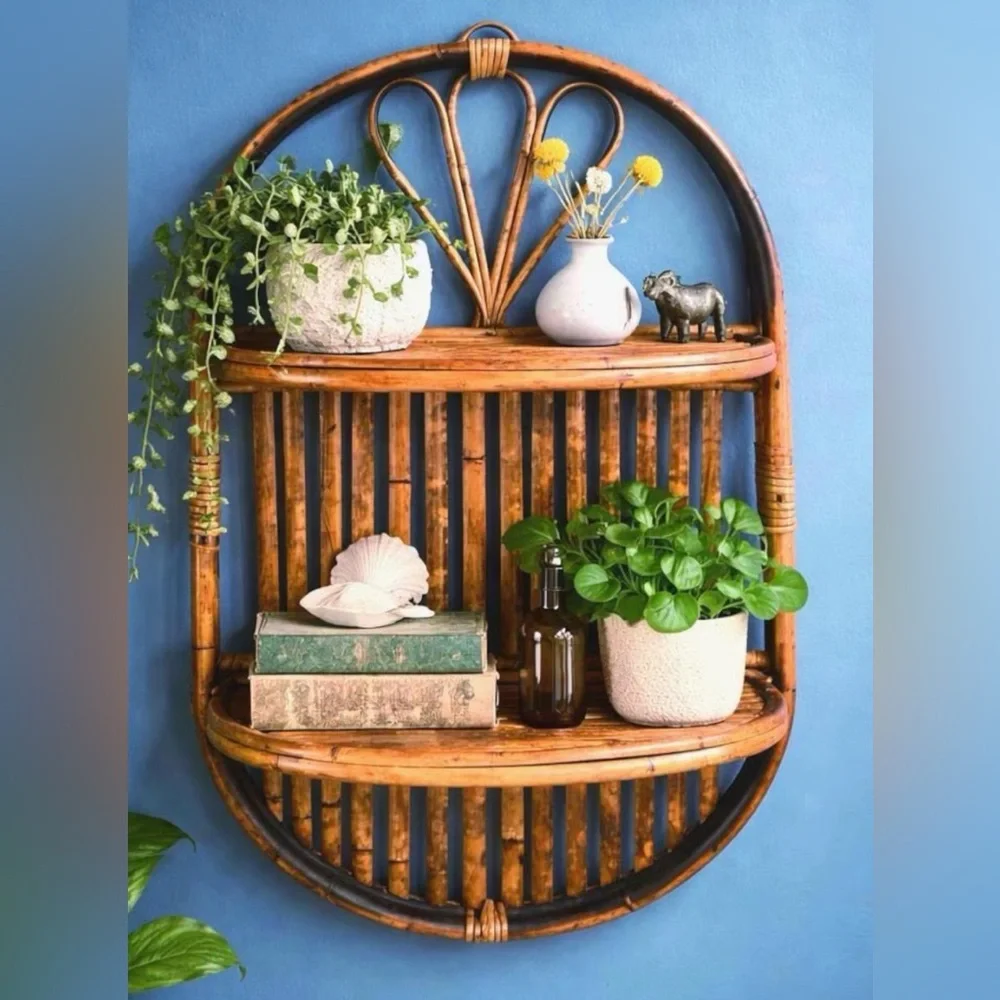 Vintage Burnt Tortoise Bamboo Folding Wall Shelf Boho Coastal